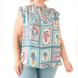 Philosophy Plus Size Floral Parrot Print Ruffle Sleeveless Blouse | Size 2x